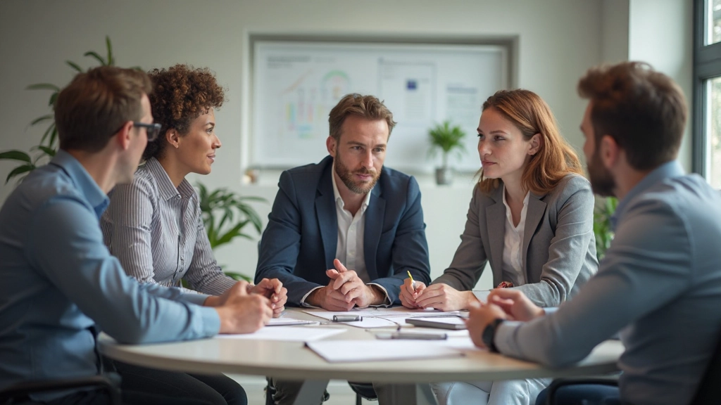 Agile team in sprint planning meeting with project management methodology visualization