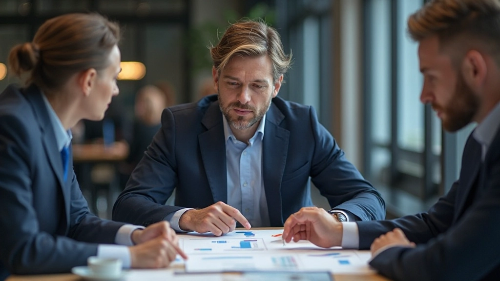 Professional consultant analyzing risk assessment framework with team members in modern business environment