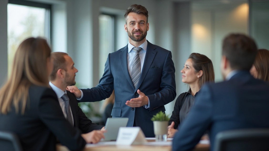 Business consultant presenting strategic risk framework to corporate team in professional conference setting with presentation materials