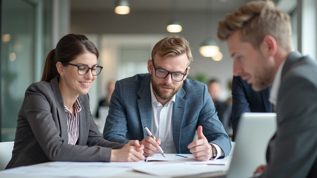 Team members collaborating on project budget planning using financial analysis tools and cost estimation software