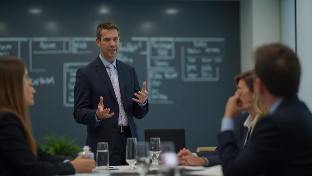 Executive presenting to stakeholder group demonstrating effective communication and engagement techniques