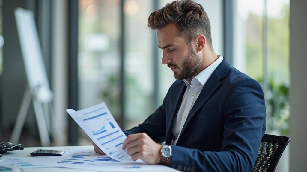 Professional project manager reviewing budget spreadsheets and financial charts at modern office desk