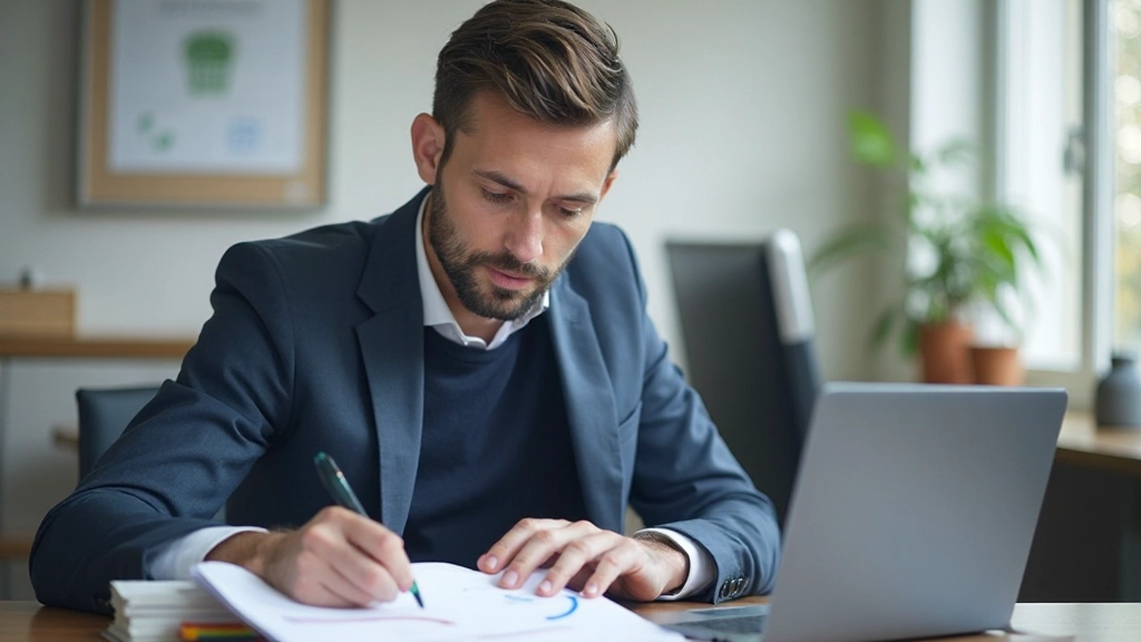 Professional project manager reviewing certification roadmap and study materials in modern office