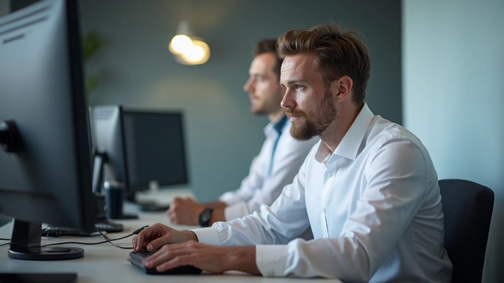 Focused professional taking PMP certification exam at computer testing center with proctor supervision