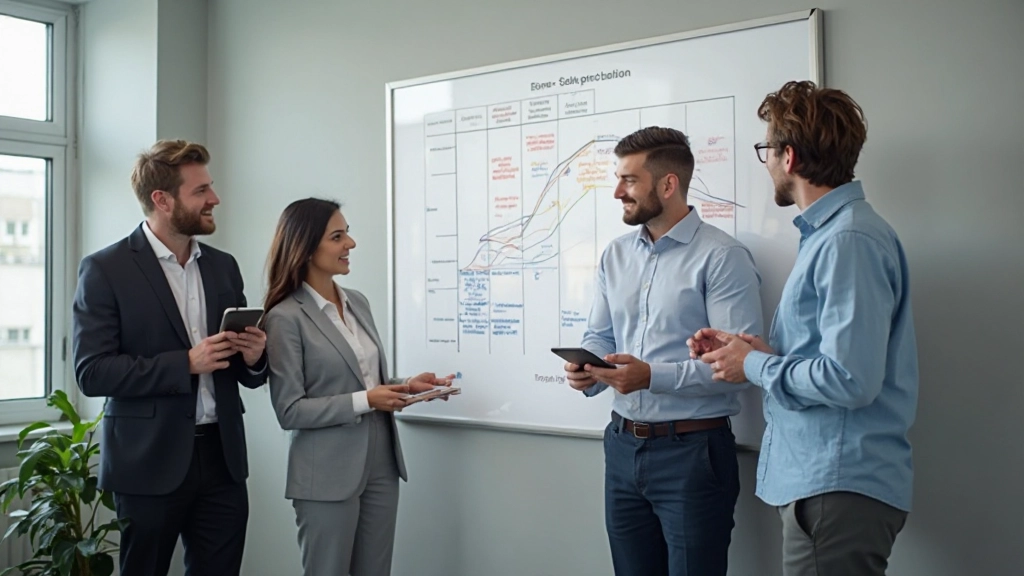Risk identification workshop with team members collaborating on risk mapping on large wall chart