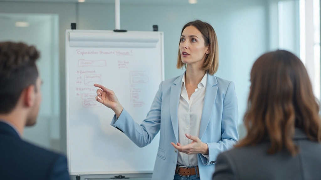 Project manager analyzing knowledge areas framework on whiteboard with team members during workshop session