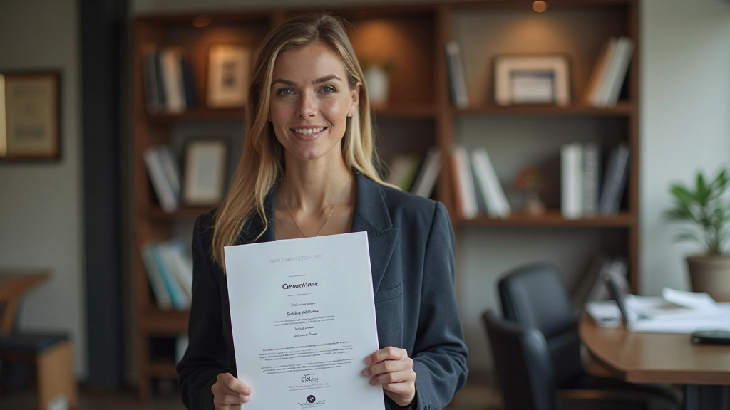 Professional development certificate and achievement recognition displayed in modern office setting with business success metrics