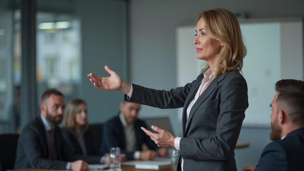 Business consultant presenting strategic framework to corporate team in conference room setting